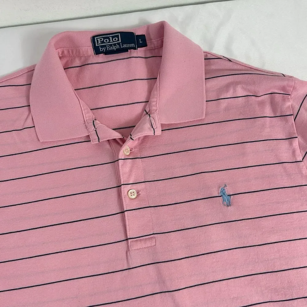 Polo‎ Ralph Lauren Pink Striped Polo Shirt Short Sleeves Pima Cotton Size Large